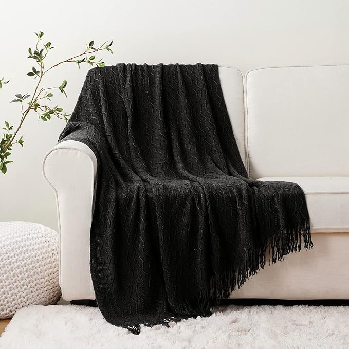 BATTILO HOME Black Throw Blanket for Couch, Boho Black Throws for Home Decor, Soft Throw Blankets for Bedroom Decor Housewarming Gifts, 50"x60"