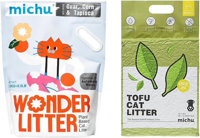 Michu Tofu Cat Litter Natural Clumping Tofu Cat Litter 5.5lb/88oz 5 Scents (Greentea + Wonder Litter, 2 Pack)