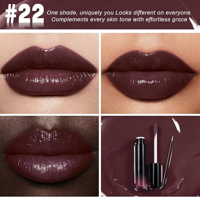 evpct Chocolate Brown Shiny Glossy Longwear No-Budge Liquid Lip Color Lipstick Makeup, Highly Pigmented Color Instant Shine, Waterproof Long Lasting Lipstick Women Lip Stain Gloss with Lip Liner Brush