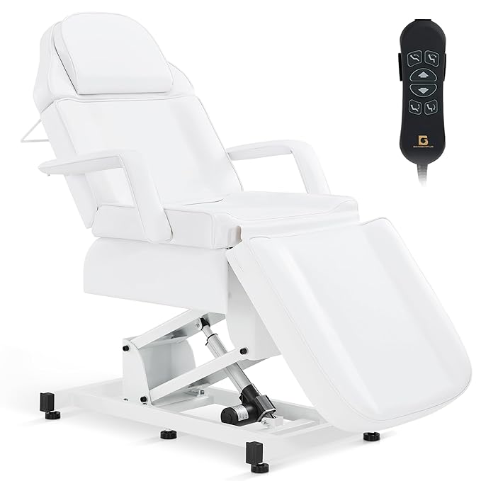 BarberPub Fully Electric Facial Bed with 3 Motor for Esthetician, Electric Tattoo Chair for Client, Facial Bed for Esthetician, Electric Adjustment 2751 (White, Height (Flat): 24"–33")