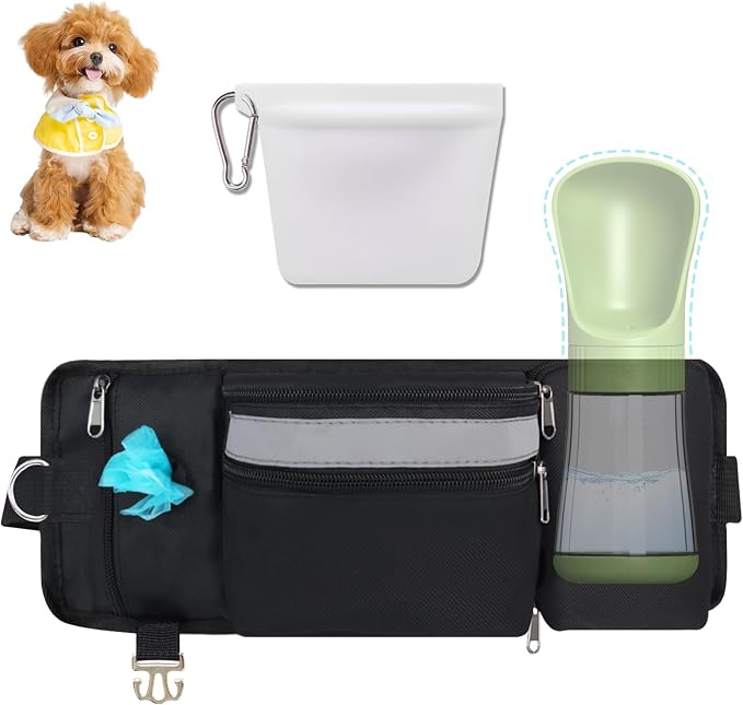 Dog Treat Pouch for Leash Waist Belt Bag, Premium Dog Treat Bag for Dogs Training Puppy Walking Fanny Pack with Divider Zipper Carrier Pocket, Water Bottle Holder, Silicone Insert,Clip,Black