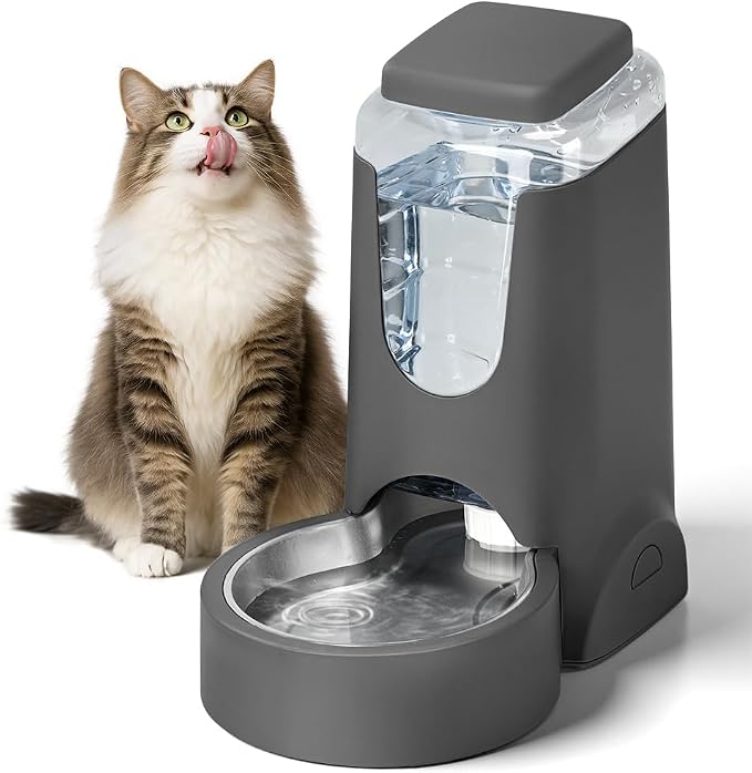 1 Gallon Automatic Cat Feeder Gravity Stainless Steel Water Dispenser Dog Feeder for Small Medium Puppy Kitten Pets Water Feeding Bowls,Charcoal Gray