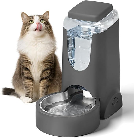1 Gallon Automatic Cat Feeder Gravity Stainless Steel Water Dispenser Dog Feeder for Small Medium Puppy Kitten Pets Water Feeding Bowls,Charcoal Gray