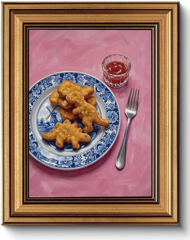 Vintage Whimsical Gold Framed Canvas Wall Art Funny Pop Food Wall Decor Art | Dino Chicken Nuggets Pictures Blue White Delft Canvas Art Pink Dopamine Small Framed Prints Artwork Shelf Bar Dining Gallery