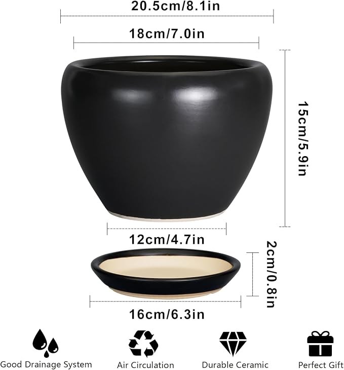 Ceramicfor Ceramic Planter Pot - 8 Inch Plant Pot with Drainage Hole and Saucer Round Planter for Indoor Plants Modern Outdoor Flower Pot for House Balcony Black