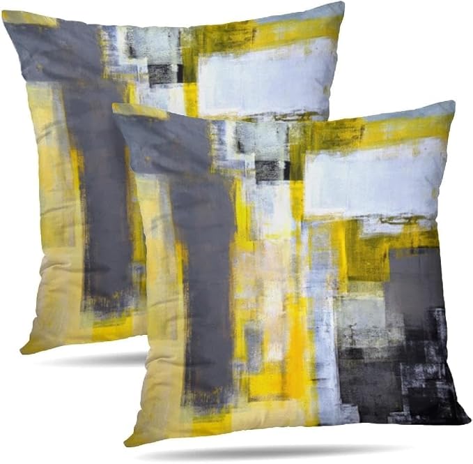 Yellow and Grey Abstract Art Artwork Pillow Cover, Gallery Modern Decorative Throw Pillows Cushion Cover for Bedroom Sofa Living Room 16 x 16 Inch Set of 2