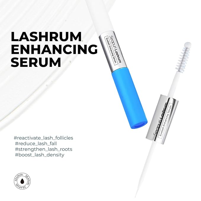 Seapuri Lashrum Eyelash Enhancing Serum | Lash Growth Serum with Caffeine, Peptide & Biotin | for Longer, Fuller Lashes | Dual Brush for Precise & Full Application | Non-Irritating, Daily Use