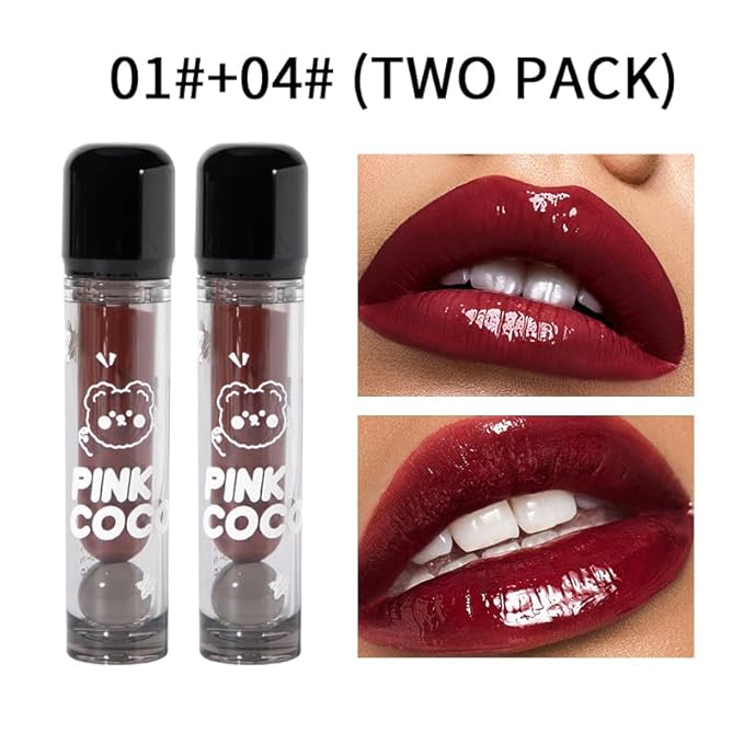 PINKCOCO Mirror Gloss Lip Lacquer Set, 2 Pack (2.4g Each) – Long-Lasting Non-Sticky Lip Gloss, High Shine Moisturizing Lip Tint, Nude & Bright Shades for Daily Makeup & Gift (01+04)