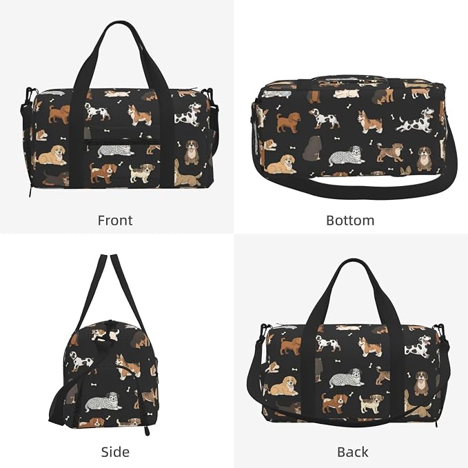 Fiokroo Sports Gym Bag Cute Dogs Black Travel Duffel Bag For Men Women With Shoe Compartment Water Resistant Gym Bag Carry On Duffel Bag For Weekend Traveling Yoga Gym Sports