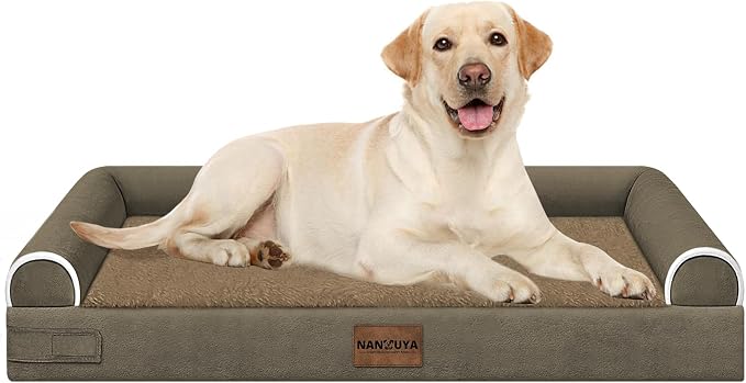 Orthopedic Dog Bed for Large Dogs, 38 x 25 Inch, Brown | Egg crate foam for joint support, 3-sided bolster pet sofa, waterproof lining, washable cover, and non-skid base