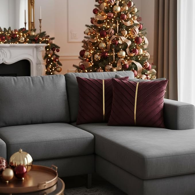 Velvet Throw Pillow Covers 20x20 inch Pack of 2 Gold Decor Burgundy | Soft Solid Pillow Covers,Modern Luxury Home Decor,for Couch Chair Sofa Bedroom Livingroom,Hidden Zipper,Ideal Gift,Easy Care