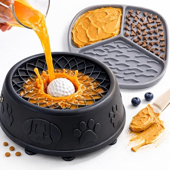 Slow Feeder Dog Bowls with Rolling Ball & Lick Mat for Dogs, Interactive Dog Enrichment Toy, Anti-Slip Puzzle Feeder for Yogurt, Bone Broth & Wet Food, Slow Eating Bowl for Small, Medium & Large Dogs