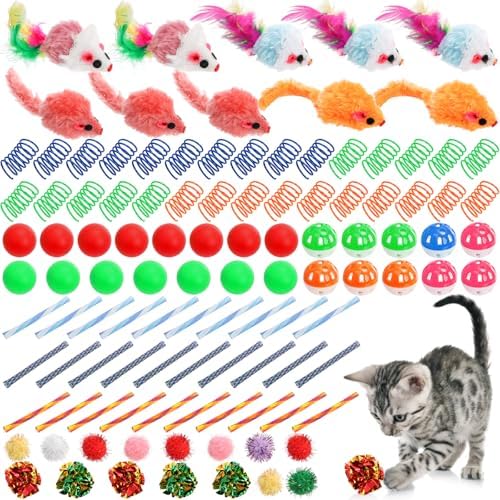 Nicunom 100 Pcs Cat Toys for Indoor Cats and Kittens - Spring, Fur Mice, Crinkle Ball, Sparkle Pom Pom Ball, Bell, Catnip Rope, Variety Cat Interactive Toy Set