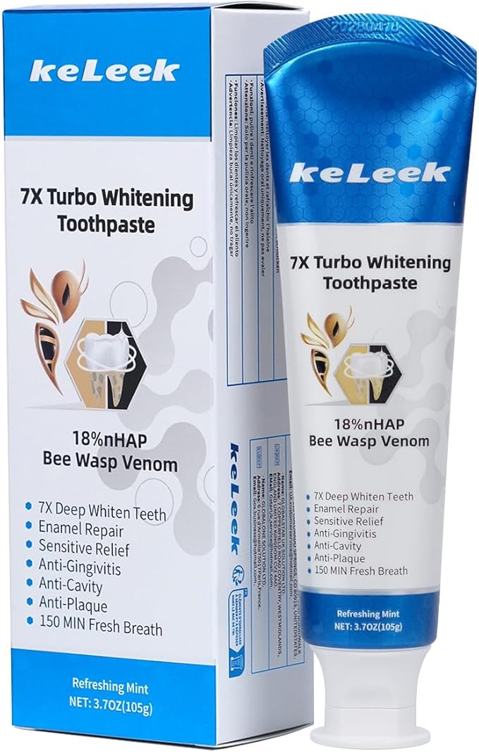 KeLeek 7X Turbo Whitening 18% Nano Hydroxyapatite Bee Wasp Venom Toothpaste for Remineralizing Enamel Gum Repair,Sensitive Relief,Anti-Gingivitis,Anti-Cavity,Anti-Plaque -150 MIN Fresh Breath