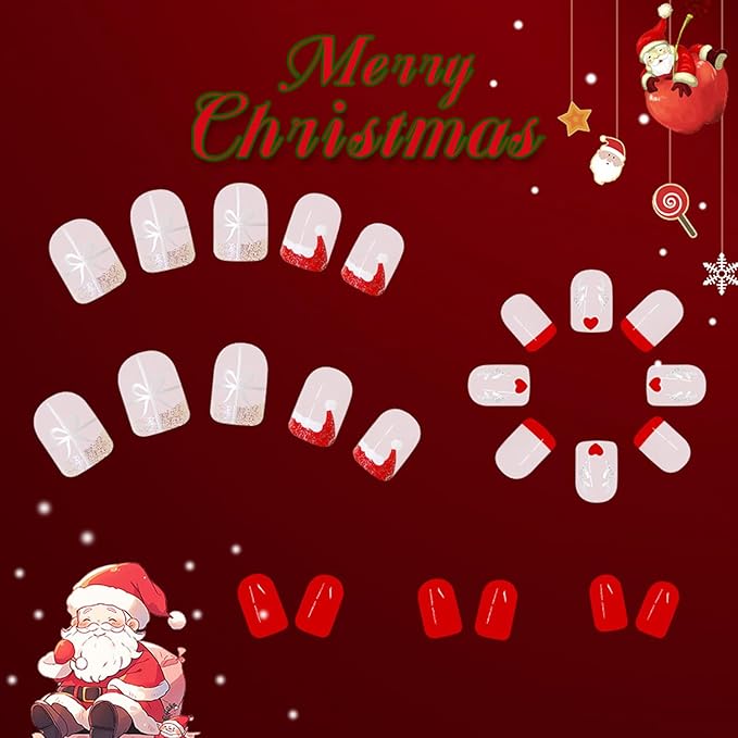 Christmas Silver Glitter Elk False Nails Red Santa Hat French Tip Press on Nails Short Square Xmas Glue on Nails Glossy Winter Christmas Acrylic Fake Nails for Women Girls