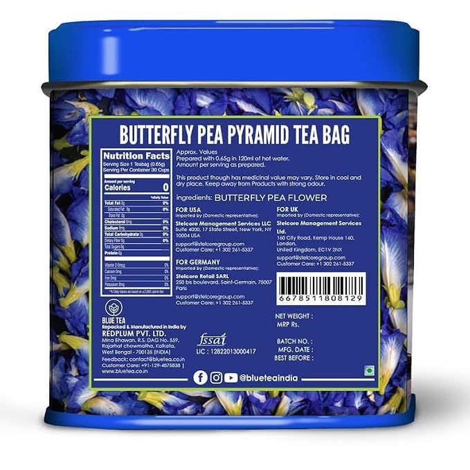 BLUE TEA - Butterfly Pea Flower Tea - 30 Count - Pyramid Plant Based Tea Bag | ANTIOXIDANT RICH | Caffeine Free - Detox Tea - Flower Based - Herbal Tea - Non-GMO | Tin Pack