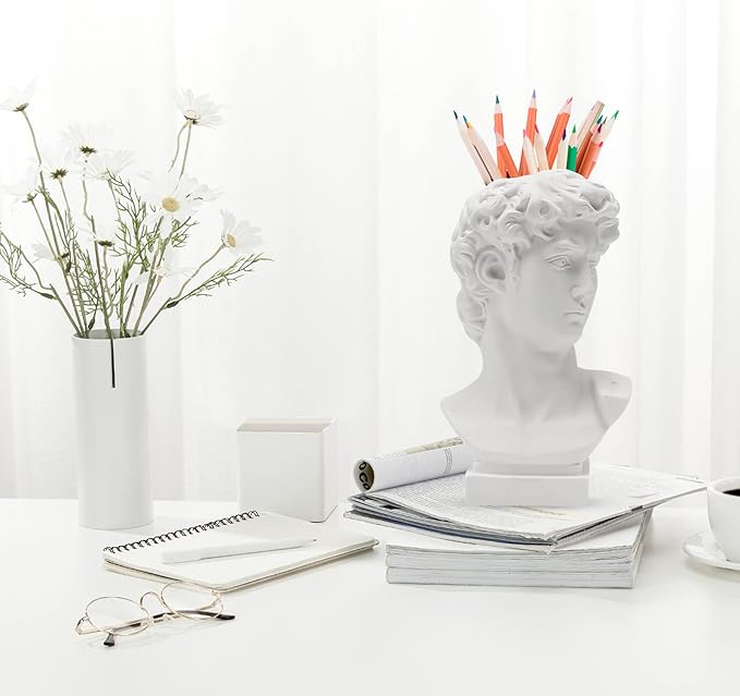David Statue Greek Head Vase Bust Face Vase Head Retro Decor, Sculpture Brush Holder Bust, Makeup Brushes Container Pen Holder, 25CM
