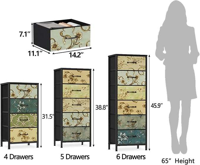 5 Drawer Dresser for Bedroom, Vintage Tall Skinny Storage Dressers | Fabric Dresser with 5 drawers, Vertical Narrow Storage Tower, Small Chest of Drawers, Floral Retro Dresser for Dorm, Wood Top