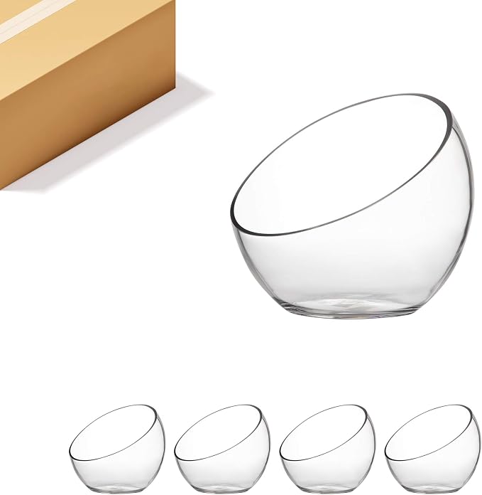 WGV Slant Cut Bowl Glass Vase Bulk, Width 9", Height 8.25", Clear Terrarium, Candy Dish, Fruit Jar, Floral Container for Wedding Party Event, Home Office Decor, 4 Pieces