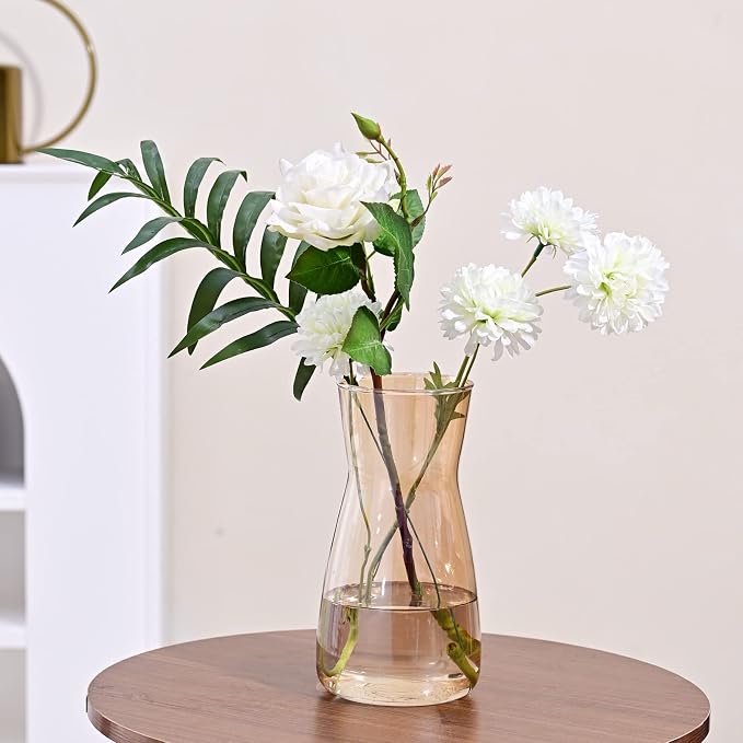 8 Inch Amber Glass Vase for Flowers, Modern Boho Table Decor | Farmhouse Vases For Rustic Vintage Living Room Kitchen Bedroom Halloween Christmas Decor House Book Shelf Office Decor