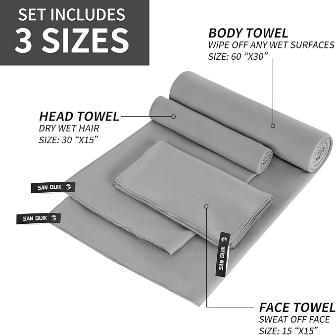 Quick Dry Camping Towel with EVA Case, Microfiber Travel Towel 3 Size at 1 Pack, Super Absorbent Lightweight Fast Drying Towel Set for Beach, Gym, Sports, Backpacking, Yoga & Swimming Pool, Gray