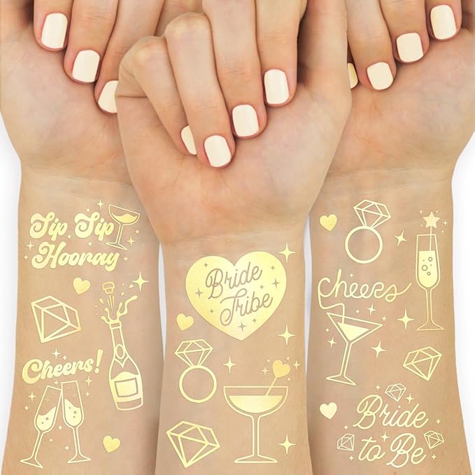 xo, Fetti Gold Bachelorette Tattoos, 54 pcs | Bach Party Favors, Bride Tribe Temporary Tats, Metallic Bridal Party Accessory, Bridesmaid Gift