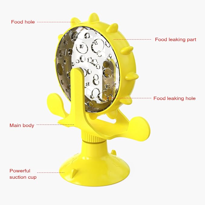 Interactive Cat Slow Feeder, Rotating Durable Dog Puzzle Toy, Mental Stimulation Treat Dispenser with Powerful Suction Cups for Cats and Dogs (Yellow)