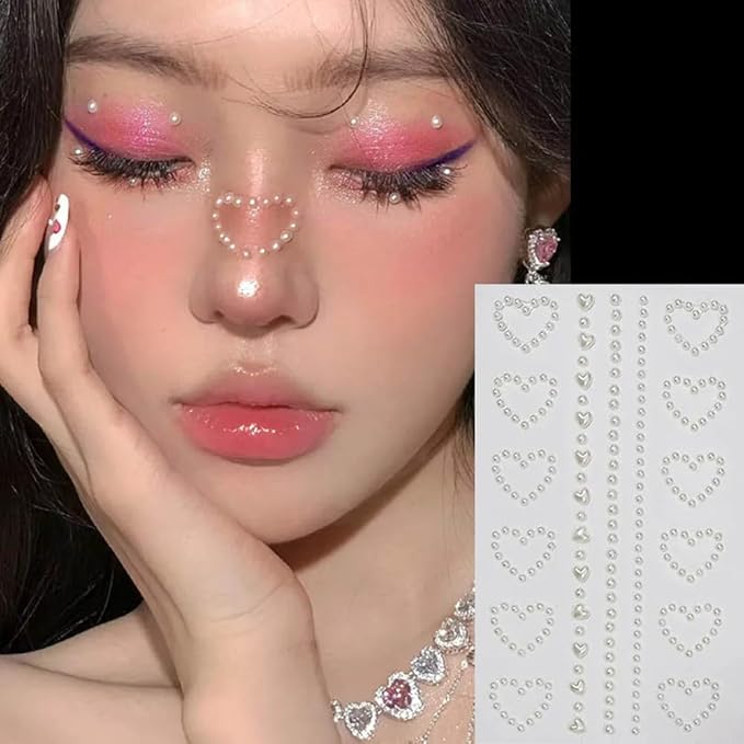 Self Adhesive Face Gems Pearls for Makeup,3D Heart Star Moon Shape Jewels Face Rhinestone Sticker for Face, Eye, Makeup, Nail, Body, Craft