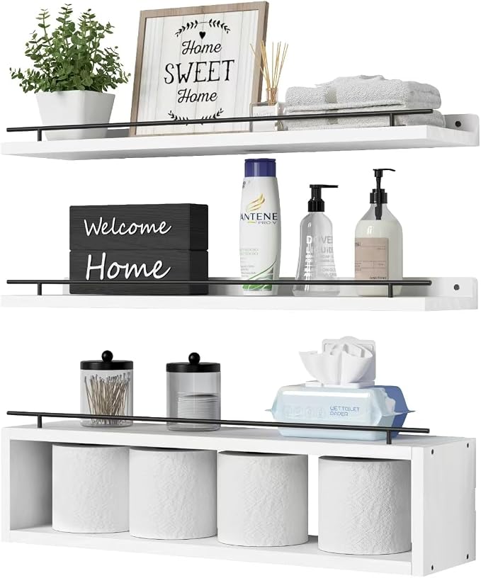 Floating Shelves for Wall 24 inch with Cube Shelf, Wall Shelves with Metal Rail for Bathroom Decor, Bathroom Organizers and Storage, Over Toilet Shelves, Toilet Paper-White