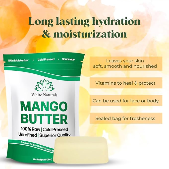 Mango Butter Raw Organic Unrefined Natural Pure Skin & Hair Moisturizer, Cold Pressed, Use with Shea in DIY Whipped Body Butter, Soap Making, Mango Seed Body Lotion, Lip Balm Hand Cream 16oz Block