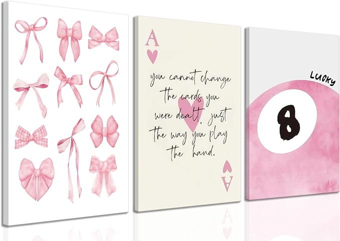 Trendy Pink Bows Canvas Wall Art Set of 3, Vintage Preppy Lucky 8 Ball Wall Decor, Pink Girly Room Aesthetic Posters Prints Painting for College Apartment Living Room Bedroom Framed 16x24 In