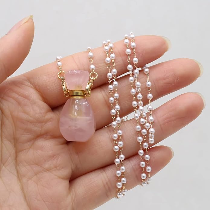 1pcs Natural Rose Quartz Stone Perfume Bottle Pendant Pearl Bead Chain Rectangle Heart Necklace for Women Jewelry Free Accessory Glasses