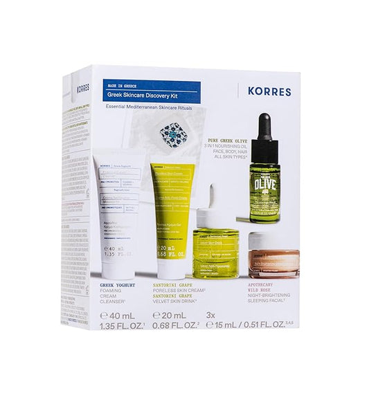 KORRES Greek Discovery Kit, 5-Step Ritual with Foaming Cleanser, Velvet Skin Drink, Poreless Skin Cream, Black Pine Eye Serum & Wild Rose Overnight Facial, Pre & Probiotic Superfoods, Travel Size Kit