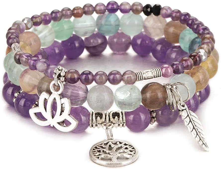 UEUC Tree of Life Yoga Healing Stone Bracelets,Multilayer Lotus Chakra Stone Reiki Bracelet Sets,Anxiety Crystal Natural Stone,for Women Stress Relief