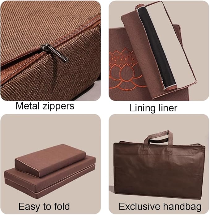 Portable Foldable Meditation Cushion Mat Set with Washable Cotton Linen Cover, Larger Thick Yoga Mat Bolster Floor Pillows Seating for Adults Meditation Accessories Beige-70cm