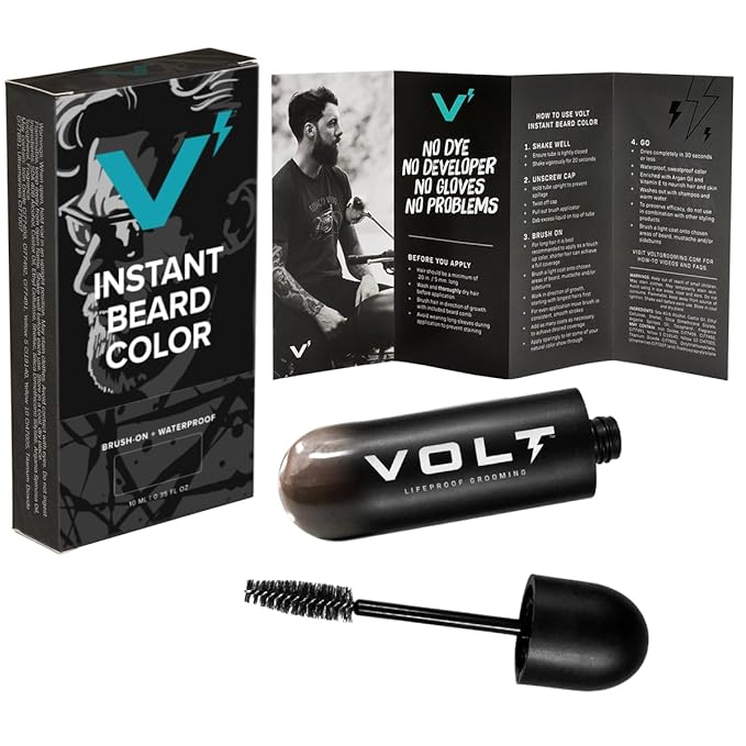 VOLT Grooming Temporary Instant Beard Color Single Pack - Quick Drying Plant Based Hypoallergenic Brush on Color for Beards, Mustaches, and Eyebrows - 0.35 Fl Oz (10 ml), Bark (Dark Brown)
