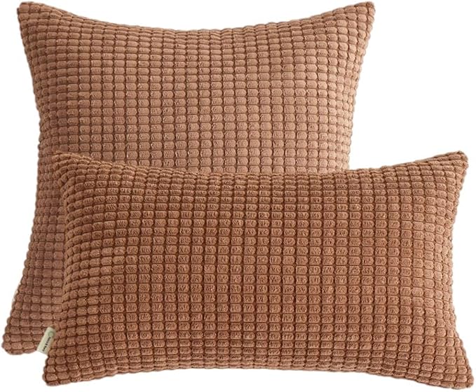 Pack of 2 Size bundel Polyester Blend Soft Hand Feeling Throw Pillows (with Insert) Size 18"x18" and 12"x20" one of Each (Coffee)