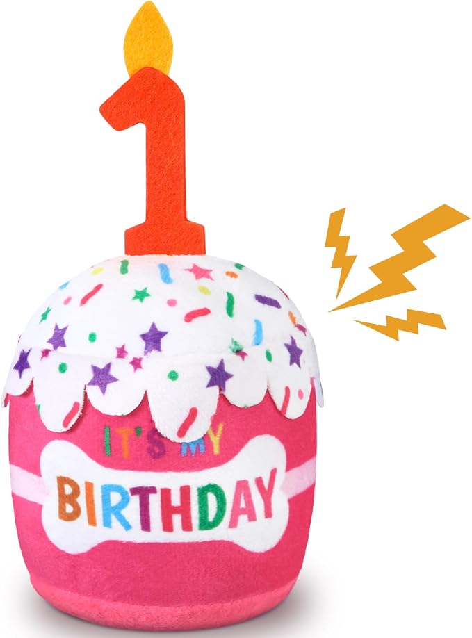 Dansydaisy Dog Birthday Cake Toy Squeaky Plush Gift,1st,Pink