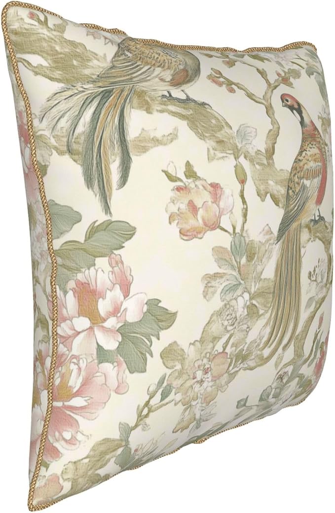 Vintage Bird Floral Velvet Pillow Covers 18x18 Inch Chinoiserie Flowers Leaves Throw Pillows for Couch Farmhouse Cushion Covers Pillowcase Light Green Leaf Pillow Cases for Sofa Bed Outdoor Decor