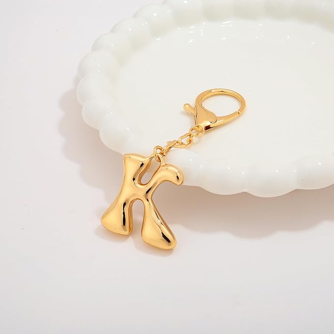 WOWORAMA Initial Letter Keychain for Women Chunky Gold Bubble Letter Bag Charm Purse Charm Personalized Keyrings Accessories