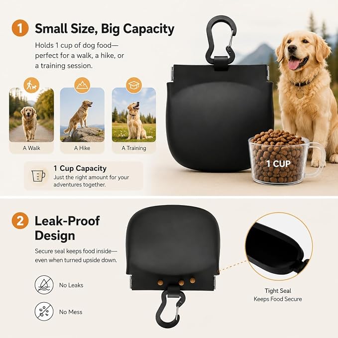 Silicone Dog Treat Pouch for Leash, One-Hand Access Training Pouch with Pull Tab with Auto-Closing Lid, Small Pocket Sized Dog Treat Bag with Clip, Waterproof Puppy Training & Walking，1 Cup