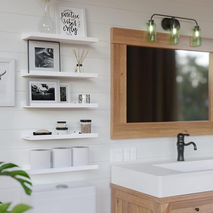 RICHER HOUSE 5-Set Floating Shelves with Lip, White Wall Mounted Wood Shelf | Display Picture Ledge Shelf, Anti-drop lip Shelf for Room Wall Decor, Bedroom Bathroom Storage Nursery Books, Easy Setup 16in
