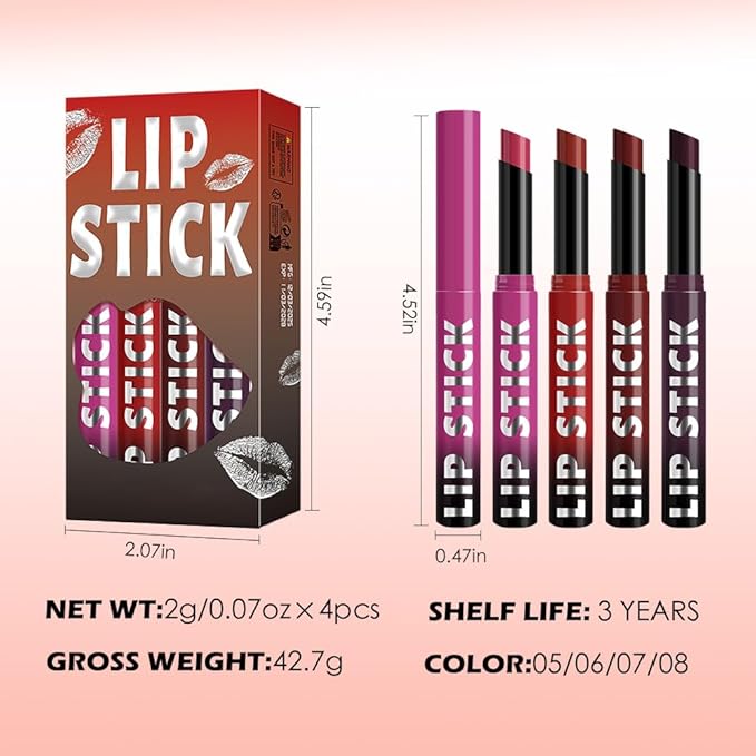 4Pcs Matte Lipstick Set for Women, Hot Pink Orange Red Maroon Plum Purple LIpstick Lip Balm, Long Lasting Waterproof Transfer-Proof Vegan Lip Gloss Products Makeup All-Day Formula SetA02