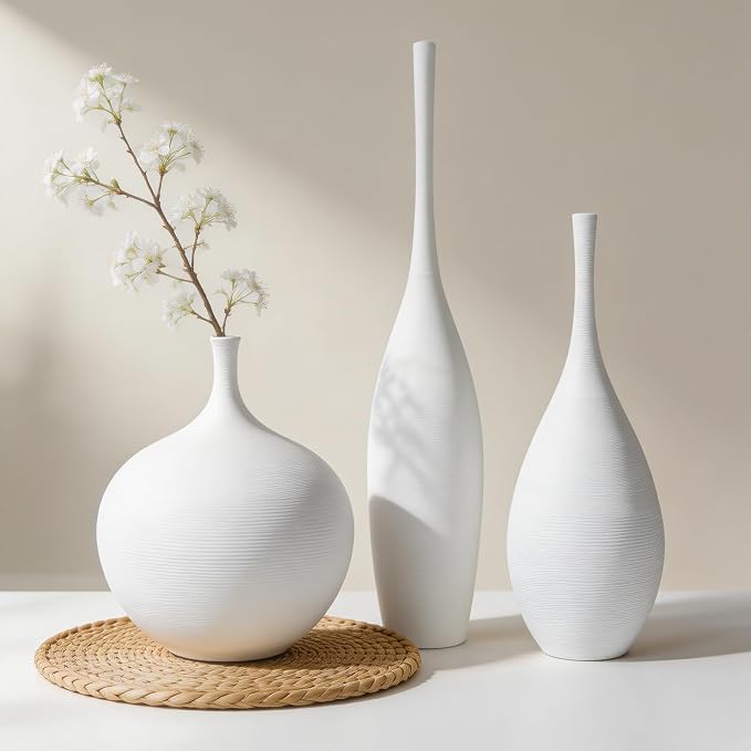 White Ceramic Vase Set of 3, Modern Boho Vases for Centerpiece Decor, Matte Minimalist Decorative White Vases Home Decor, for Living Room, Bookshelf, and Entryway Table Decor
