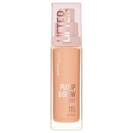 Maybelline Lifter Plump & Glow Foundation, Liquid Foundation with 2% Niacinamide + Hyaluronic Acid, Plumping and Brightening Face Makeup, 115, 1 Count