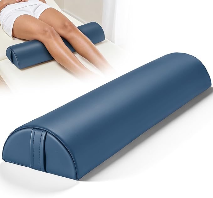 Semi-Round Massage Bolster, 21 x 6 x 3 in PU Leather Half Moon Lower Back Support Pillow Comfort Cushion for Massage Table, Positioning Bolster Neck Pad for Ankle Leg Pain Relief Side Sleeper - Blue