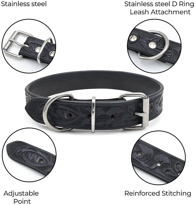 TARICO Genuine Leather Dog Collar with Engraved Floral Design for All Breeds, Heavy Duty Durable Metal Buckle Non Padded Adjustable Pet Collar - Black (Large: Fits 17–21" Necks)