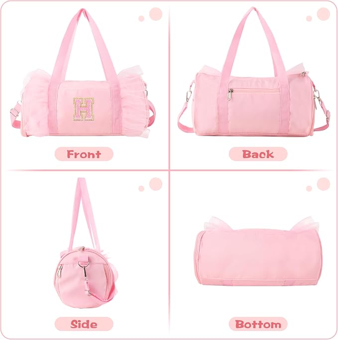 Personalized Initial Dance Bag for Girls 6-9, Medium Lace Gym Sport Yoga Cheer Dance Bags Gift for Teen Girls, Cute Letter Kids Ballet Bag Toddler Travel Duffel Tote with Adjustable Straps(Pink-H)
