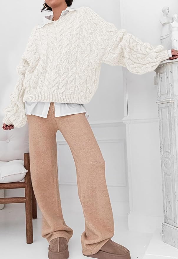 PRETTYGARDEN Womens Sweaters Spring 2026 Cable Knit Long Sleeve Crewneck Oversized Sweater Chunky Pullover Loose Outfits