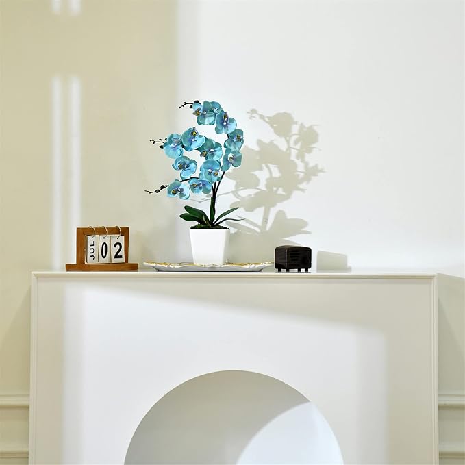 15" Silk Phalaenopsis Orchid in Square Pot, Teal Flower Plant Arrangements | Lifelike Faux Potted Blooms with Moss in a Ceramic Planter. Looks Real, Zero Upkeep, Ideal Centerpiece for Any Table